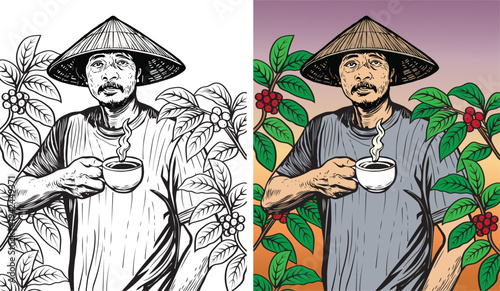 Traditional Coffee Farmer Holding Cup Among Coffee Plants Vintage Engraving Illustration