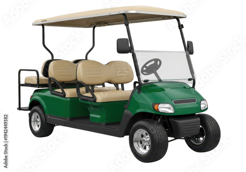 Green four seater golf cart with tan seats and canopy, isolated on transparent background, perfect for luxury transportation and golf course scenes.