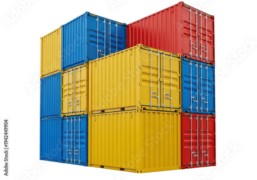 Stack of colorful shipping containers blue yellow red, logistics and global trade, transport and storage, cargo delivery