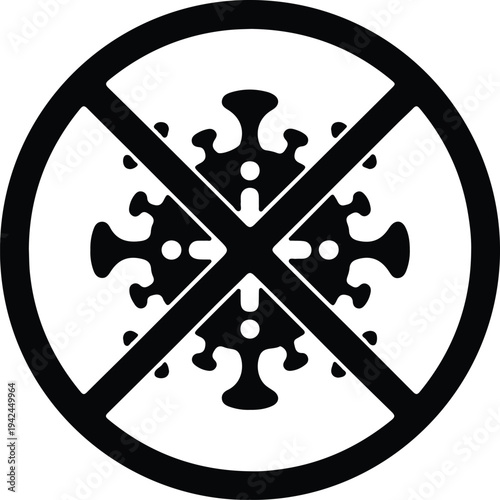 Vector black icon of crossed out virus for pandemic prevention silhouette design