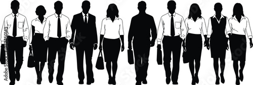 Professional business people silhouette vector group featuring men and women in formal office attire walking forward with briefcases for corporate career and teamwork concepts.