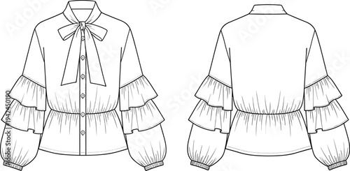 Women's fashionable blouse vector technical sketch featuring a bow tie collar, button-down front, tiered ruffle layers on sleeves, and gathered cinched waistline design.