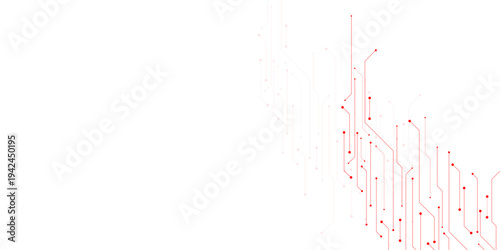 Vector Technology connected red lines and dots with electronics elements on tech bg. Digital technology futuristic internet network speed connection white background.