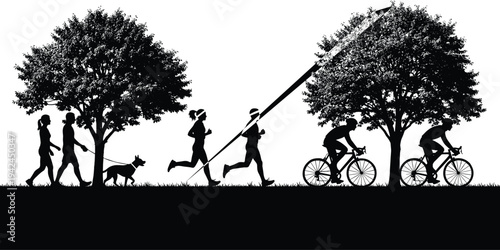 Outdoor park activity silhouette vector featuring people walking a dog, athletes running, and cyclists riding bikes under lush green trees on a sunny day.
