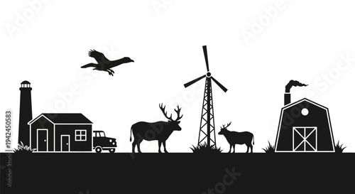 Rural landscape with wind turbine and farm animals