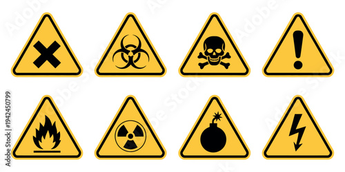 Danger Warning Sign Icon Set Showing Poison Toxic Biohazard Skull Chemical Hazard Yellow Triangle Caution Symbol Vector Illustration