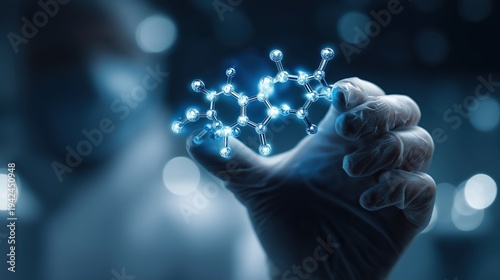 A gloved hand holds a glowing molecular structure, symbolizing scientific research and innovation in chemistry or biotechnology.