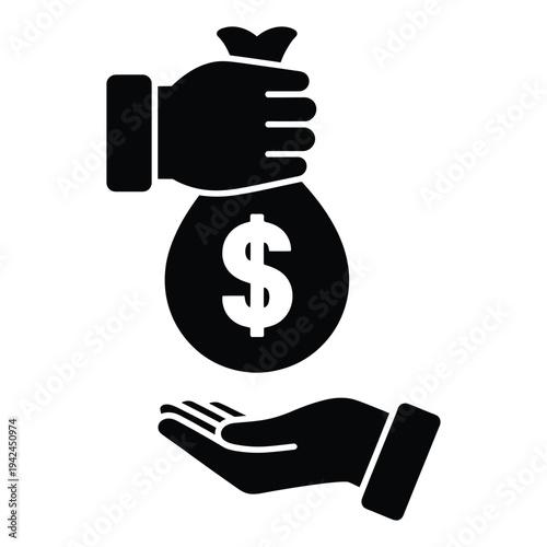 Money bag handout black icon with dollar symbol, hand giving, another hand receiving money, transparent background