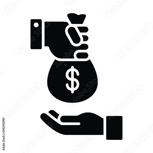 Money bag handout black icon with dollar symbol, hand giving, another hand receiving money, transparent background