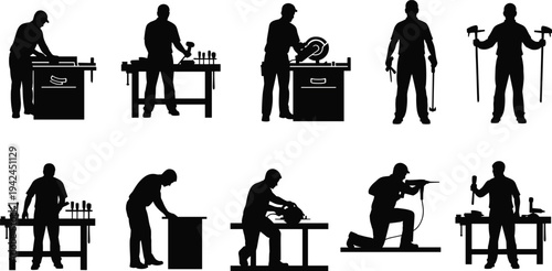 Carpenter and woodworking silhouettes collection craftsmen using tools vector set woodworker workshop activity industry isolated illustration
