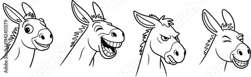 Cartoon donkey head expressions collection showing funny mule character faces with different emotions isolated black line art vector illustration