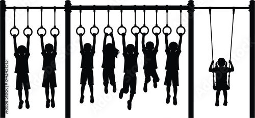 Children playing on playground rings and swing silhouette vector illustration kids outdoor activity park play equipment childhood recreation concept isolated