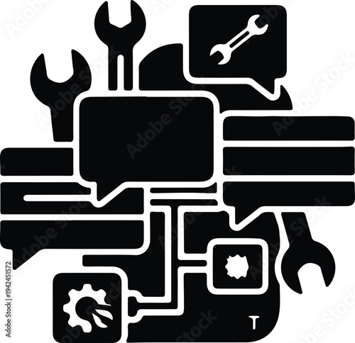 Vector network connections with gears and wrenches technical support silhouette design