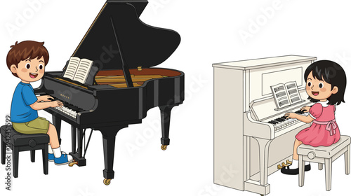 Cute cartoon illustration of happy little boy and girl playing grand and upright pianos for kids music education school performance and childhood hobby design.