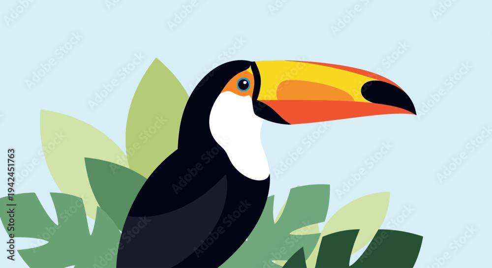 Naklejka premium Colorful toucan bird with tropical leaves on light blue background