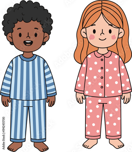 Cute cartoon illustration of diverse little boy and girl wearing comfortable pajamas for bedtime sleepover nursery school child healthcare and night fashion design.