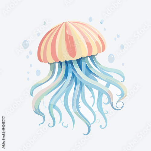 Colorful striped jellyfish with flowing tentacles in blue water