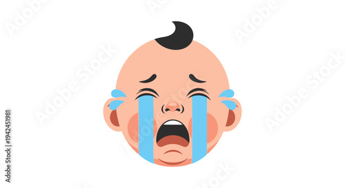 Crying baby head illustration with tears flowing down