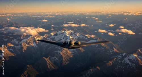 B-2 Spirit stealth bomber flies over majestic snow-capped mountains at sunrise, showcasing advanced aviation technology and breathtaking natural beauty