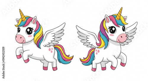 Two white winged unicorns with rainbow manes and tails standing side by side on white background fantasy creatures