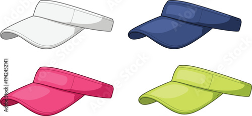 Set of colorful sun visor caps vector illustration with white blue pink and lime green headwear isolated on white background for sports and summer.