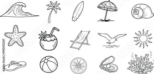 Hand Drawn Summer Beach Doodle Icons Set, Ocean Vacation Elements, Palm Tree Surfboard Seashell Sun Wave Outline Vector