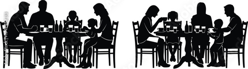 Vector black silhouette of family eating dinner at dining table with parents and children sitting together for breakfast and lunch isolated on white.