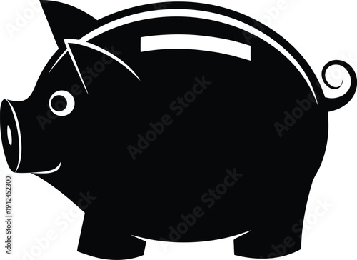 Black Piggy Bank Silhouette with Slot for Coins and Curly Tail Stock Icon