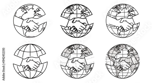 Global Cooperation and Unity: Set of Globe and Hands Icon Illustrations.