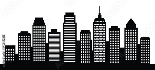 City, skyline silhouette isolated building on white background, urban architecture panorama with modern skyscrapers and towers, minimal black vector illustration for cityscape design,