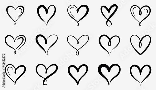 Elegant Heart Outline Icon Set Showing 15 Black Line Art Heart Icons Romantic Designs Valentines Wedding Invitations Logos Stickers Vector Illustration