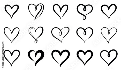 Elegant Heart Outline Icon Set Featuring 15 Black Line Art Heart Icons Romantic Designs Valentines Wedding Invitations Logos Stickers Vector Illustration