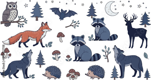 Night Forest Animals Cartoon Vector Collection with Fox, Wolf, Raccoon, Deer, Owl, Hedgehog, Bat, Pine Trees, Mushrooms and Moonlight Nature Elements