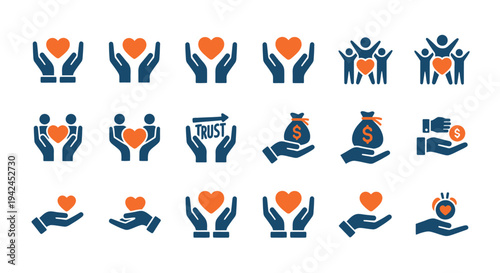 Collection of diverse blue and orange human silhouette icons expressing celebration and teamwork.
