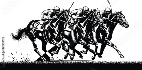 Action horse racing vector silhouette featuring jockeys riding thoroughbred horses on grass track for equestrian sports competition derby betting and livestock animal graphic design.