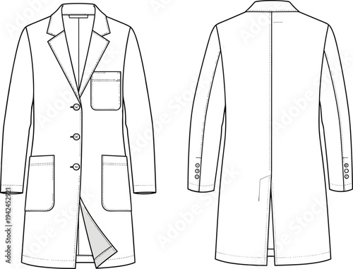 Professional white lab coat technical sketch featuring front and back views with pockets buttons and notch lapel for medical scientific hospital and uniform fashion design.