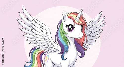 Colorful winged unicorn with rainbow mane on pastel pink background fantasy creature for kids