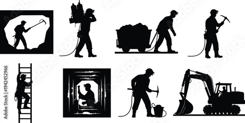 Industrial mining silhouette vector set featuring miners with pickaxes working in tunnels hauling coal carts climbing ladders and operating heavy excavator machinery for underground construction.