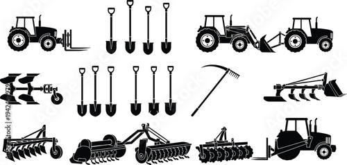 Agricultural machinery vector set featuring farm tractors plows shovels and harvesting equipment silhouettes for industrial farming cultivation rural landscape and heavy duty garden design.