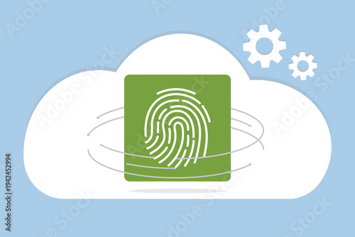 Icon with fingerprint and white cloud. Cyber security and privacy protection concept. IT technology.