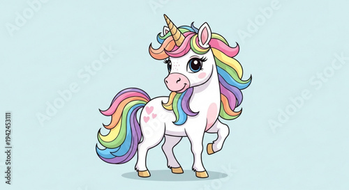 A cute cartoon white unicorn with a rainbow mane and tail stands on a light blue background looking happy and magical with a shiny horn on its head