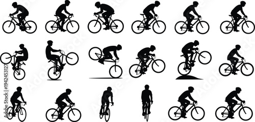 Cyclist riding bicycle silhouettes collection mountain bike and road cycling athletes vector set sports action isolated illustration