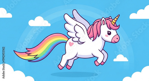 A white cartoon unicorn with pink mane and wings flies through a blue sky with clouds and a rainbow tail