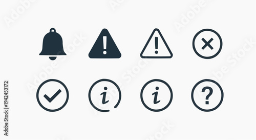 Notification and Alert Icons Set with Bell, Warning, Information, Check Mark and Error Symbols for User Interface Messages, System Notifications and Web App UI Design