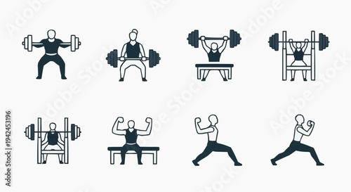 Weightlifting and Gym Workout Icons Set with Bench Press, Squat, Deadlift and Dumbbell Exercises for Fitness Training, Bodybuilding and Strength Training Concept, Minimal Vector Design