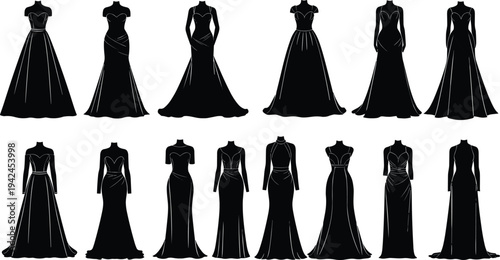 Elegant evening gown silhouettes collection long formal dresses fashion vector set women clothing design isolated illustration
