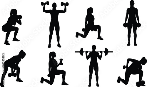 Dumbbell workout silhouettes collection showing men and women performing strength training exercises isolated vector illustration for fitness gym bodybuilding and training concept