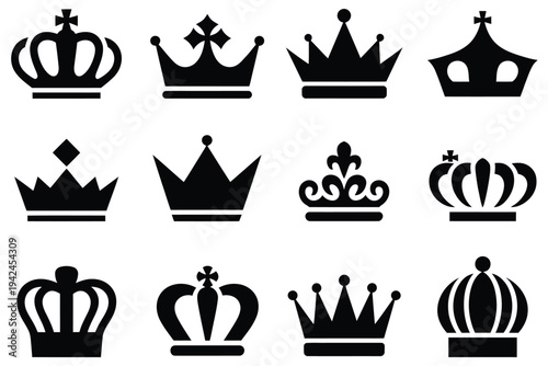 Crown, royal luxury symbols featuring black crown silhouettes in diverse designs, isolated icons symbolizing power, authority, majesty, king, queen, monarchy concept, modern vector