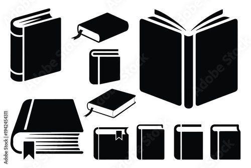 Black and white of books in various orientations closed
