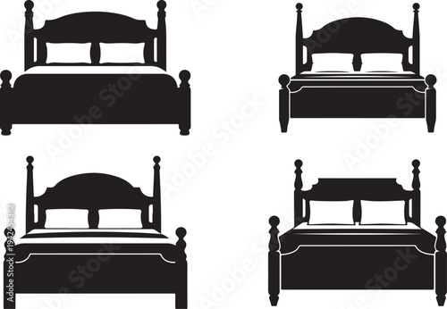Four black silhouette depictions of classic canopy style beds